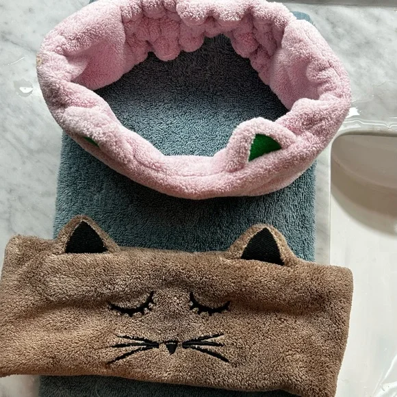 Cute Pink and Brown Elastic Cat Ear Headbands. Wear when washing off makeup - Picture 3 of 5